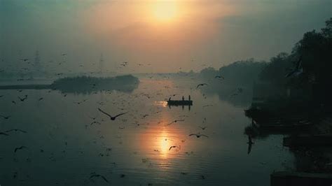 Aerial view of Yamuna river at sunset, New Delhi, India., Overhead ...