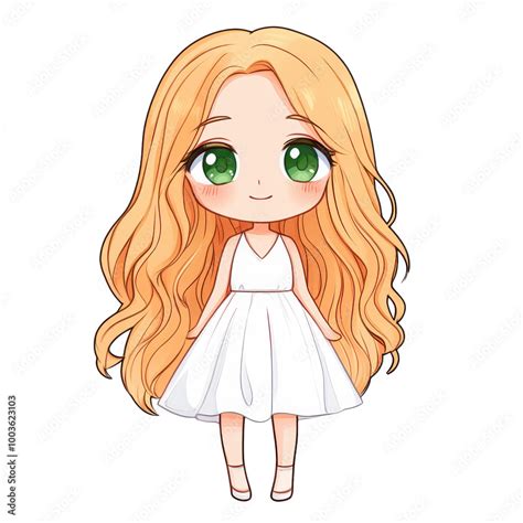 Adorable Chibi Girl With Long Flowing Blonde Hair And Bright Green Eyes Dressed In A Lovely