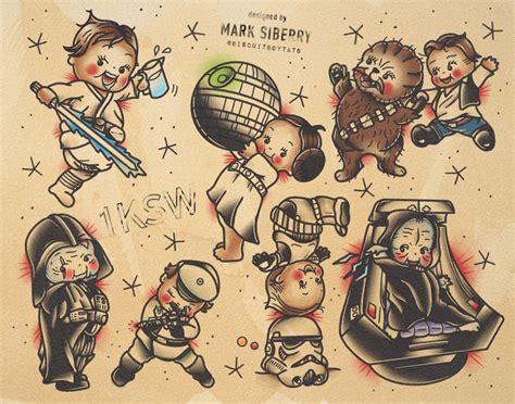 Traditional Tattoo Flash Sheet Star Wars Kewpie Luke Skywalker