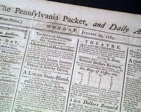 18th Century American 1787 Philadelphia Pa Pennsylvania Newspaper W