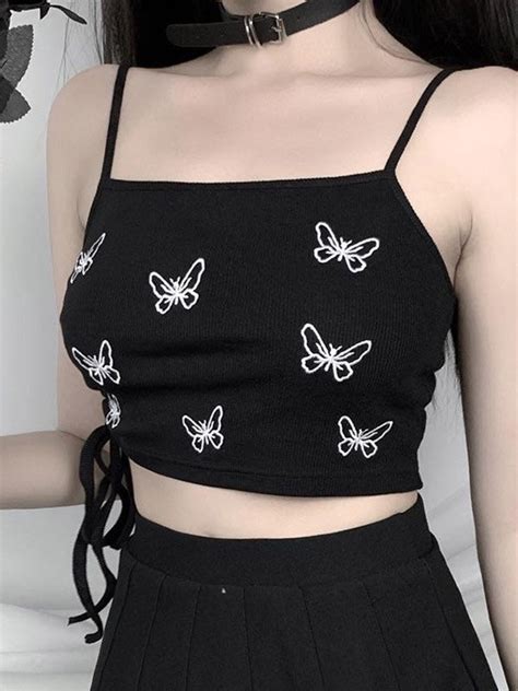 2022 Butterfly Print Crop Cami Top Black L In Tank Tops And Camis Online