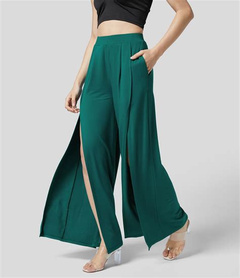 Womens High Waisted Plicated Side Pocket Split Solid Flowy Wide Leg