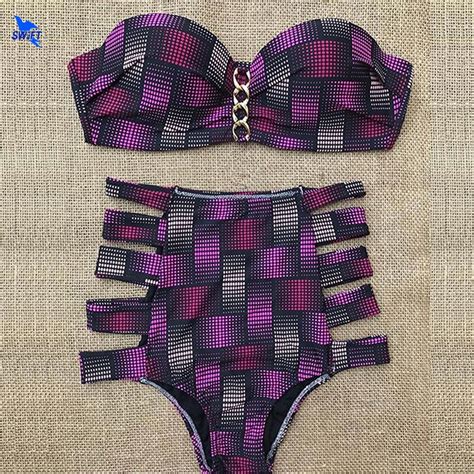 2018 New Women Bandeau Bikini Set High Waist Plaid Swimsuit Strappy