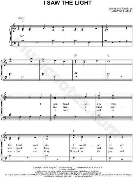 Hank Williams I Saw The Light Sheet Music Easy Piano In C Major Transposable Download