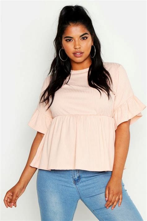 Plus Rib Frill Sleeve Smock Top Boohoo Frill Sleeves Smock Top Tops