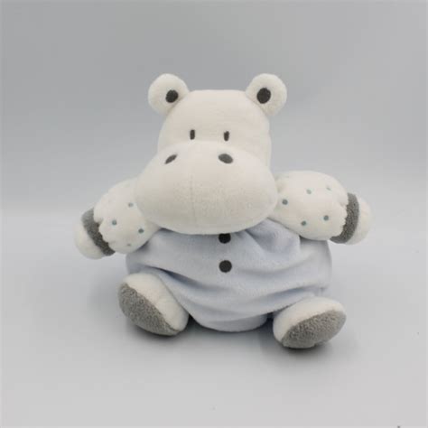 Doudou Hippopotame Bleu Blanc Gris Pois OBAIBI