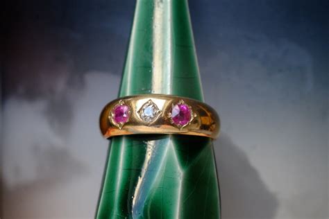 Antique Victorian 18ct Gold Diamond And Ruby Trilogy Ring Hallmarked