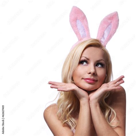 Sexy Woman With Bunny Ears Playboy Blonde Smiling Easter Girl Stock