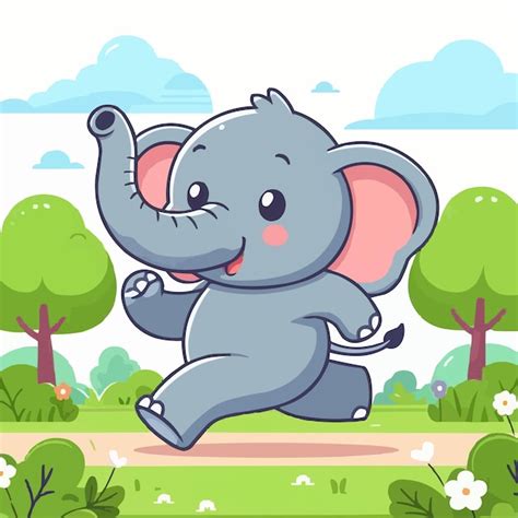 Un Dibujo De Dibujos Animados De Un Elefante Corriendo Por Un Campo Con