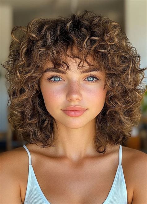 Medium Length Curly Hairstyles Golden Curly Bob With Soft Fringe