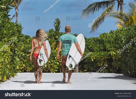 0 Couple Surfboards Walking Beach Maldive Royalty Free Photos And Stock