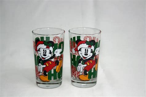 Vintage Pair Walt Disney Mickey Mouse Ho Ho Ho Christmas Water Juice Glasses By Anchor Hocking