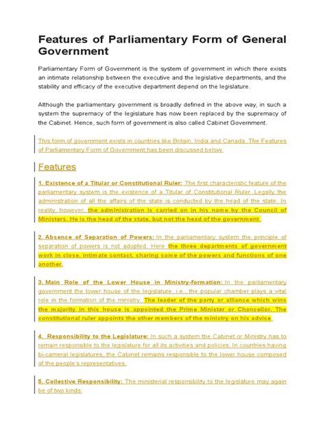 Features of Parliamentary Form of General Government12 | Cabinet ...