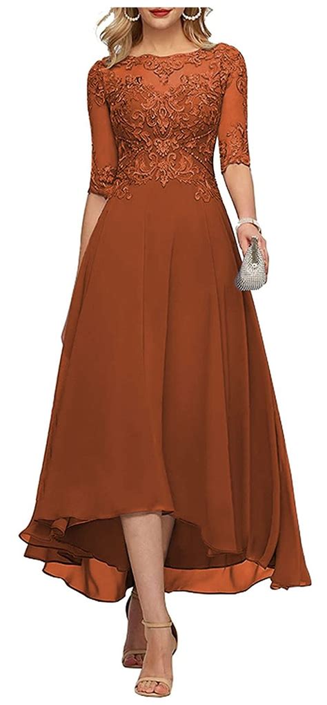 FEOLATE Women S Tea Length Evening Dresses Burnt Orange Lace Chiffon