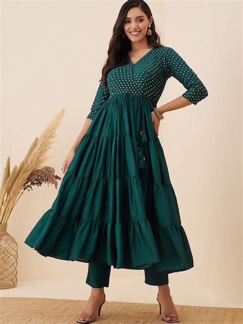 Ethnic Motifs Embroidered Tiered Sequinned Anarkali Kurta With Trouser