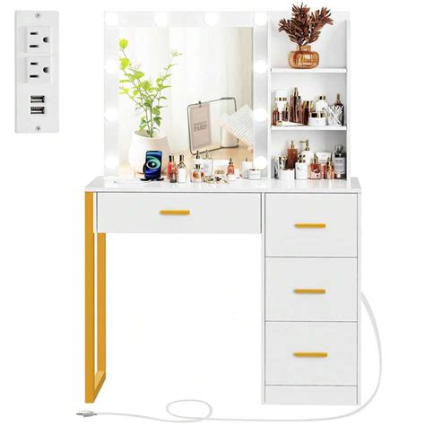 Vanity Makeup Desk With Mirror And Power Outlet 10 Lights 4 Drawers 3 Storage Shelves 3 Color