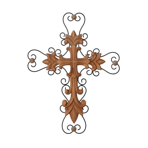 Litton Lane Wood Brown Carved Cross Cross Wall Decor With Metal