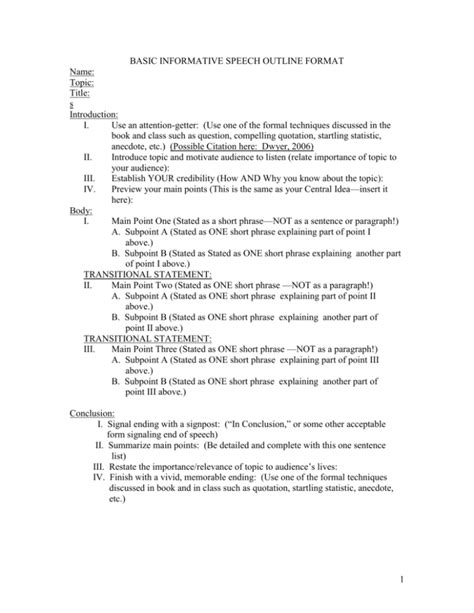 Basic Informative Speech Outline Format