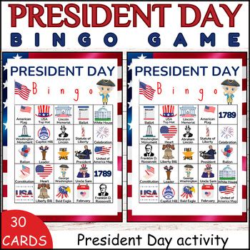 Presidents Day Activity Bingo Game |30 Printable Presidents Day BINGO Cards