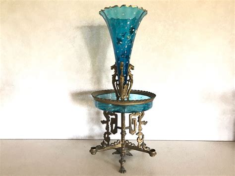 Impressive Antique Epergne Centerpiece With Hand Painted Blue Venetian Glass Decorated With