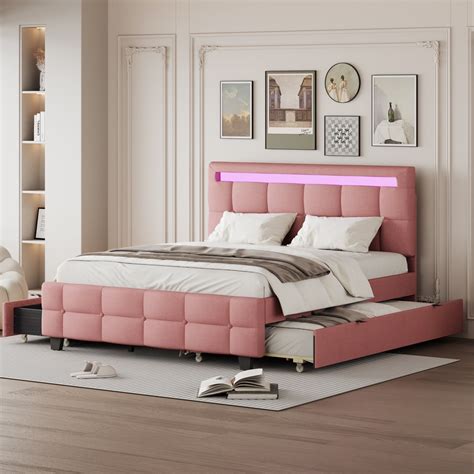 Queen Size Platform Bed With Led Light And Twin Xl Size Trundle Upholstered Bed With Linen Fabric