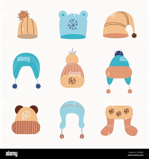 Set Of Doodle Style Winter Hats Different Types Of Childrens And