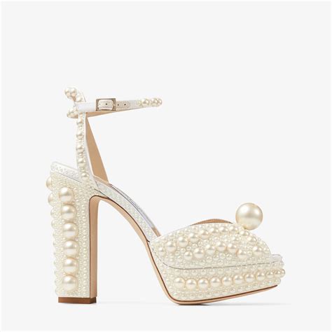 White Satin Platform Sandals With All Over Pearl Embellishment