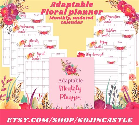 Beautiful Floral Planner Undated Floral Adaptable Monthly Planner 15 ...