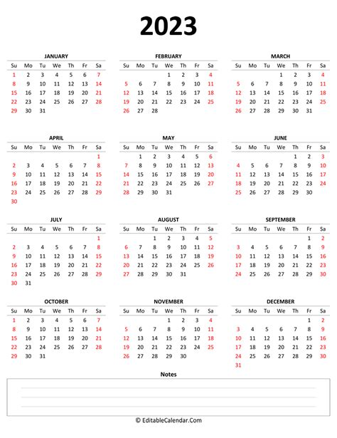 Free Year Calendar 2023 Printable One Page