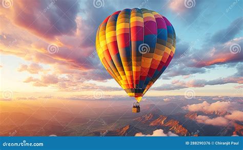 Flying High Up In A Multi Colored Hot Air Balloon Adventure Stock Photo