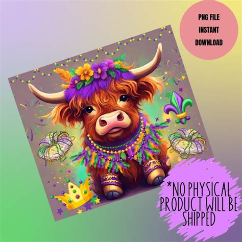 Mardi Gras Highland Cow Sublimation Tumbler PNG Design 20 Oz Straight