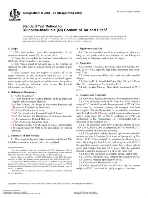 Pdf Standard Test Method For Quinoline Insoluble Qi Content