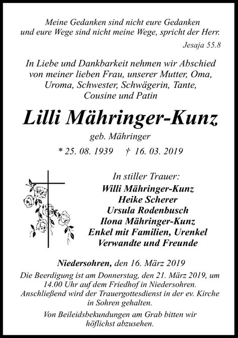 Traueranzeigen von Lilli Mähringer Kunz rz trauer de