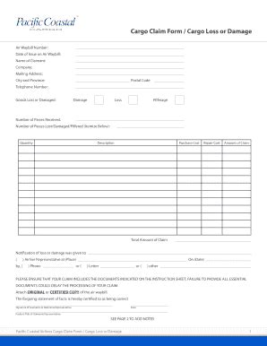 Fillable Online Cargo Claim Bformb Cargo Loss Or Damage Pacific