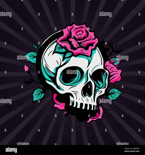 Skull Head And Rose Flower Symbol Drawing Print Dead Vector Retro