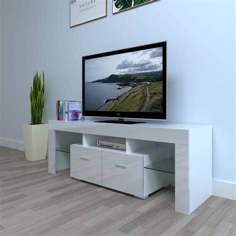 White TV Stand for Living Room up to 55" Television, Modern LED Light TV Cabinet Media Storage ...