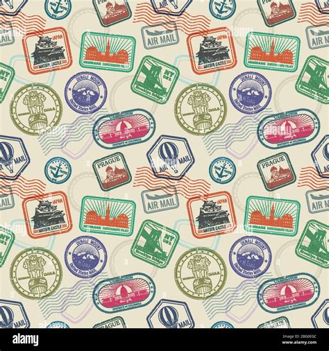 Vintage Passport Travel Stamps Vector Seamless Pattern Colored Stamp To Passport Pattern