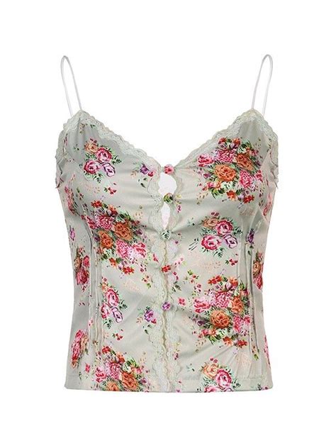 Lace Trim Button Up Floral Cami Top Apricot S In Tank Tops Camis