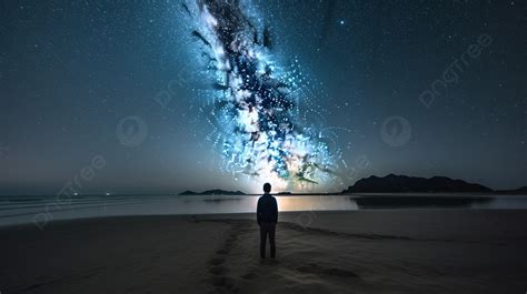 Man Is Looking At The Galaxy While Standing On The Beach Background ...