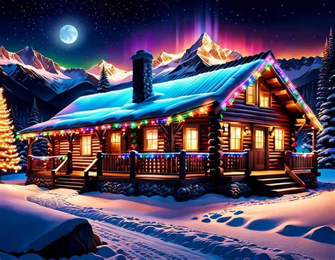 Log Cabin Decorated With Christmas Lights Night Ai Generated Artwork