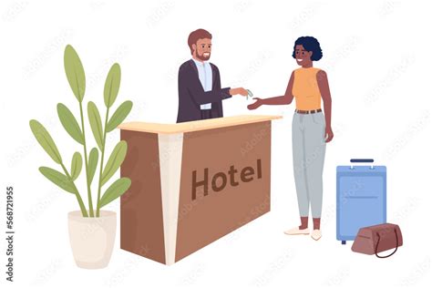 Woman Booking Room In Hotel Semi Flat Color Vector Characters