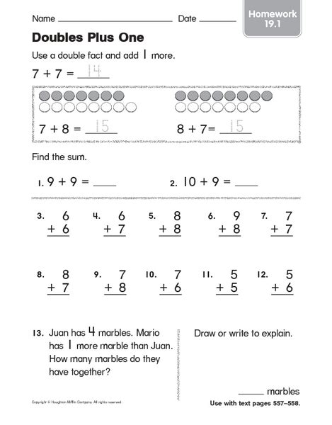 Doubles Plus One Homework Worksheet For 1st 3rd Grade Lesson Planet