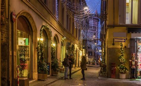 View On Lanes With Christmas Illumination In Night Parma Of Italy Stock