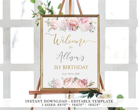 Birthday Welcome Sign Printable Editable Corjl Template Romantic