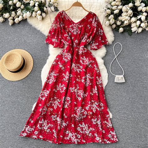 Women Dress Fashion Romantic Floral Print Long Chiffon Dress On Luulla