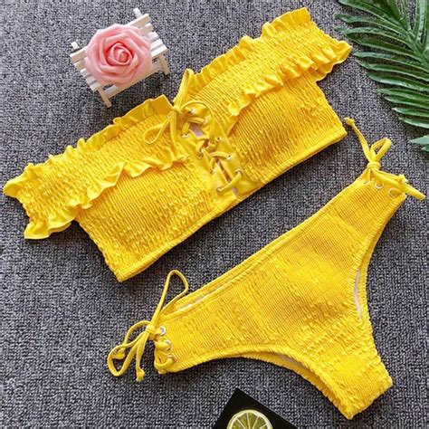 Sexy Pleated Bikini Set Swimsuit Yellow Swimwear Women Ruffle Bikinis