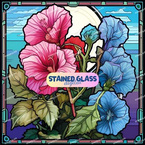 2 Hollyhock Stained Glass Sublimation Png Floral Stained Glass Pattern Png Mug Stained Glass