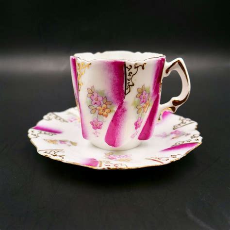 Octagonal Demitasse Cup Saucer Swirled Fluted Hand Paint Floral Gold