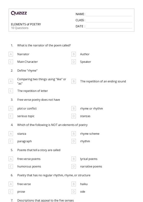 50 Poems Worksheets For 1st Year On Quizizz Free Printable