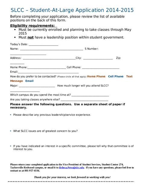 Slcc Student At Large Application 2014 2015 Doc Template Pdffiller